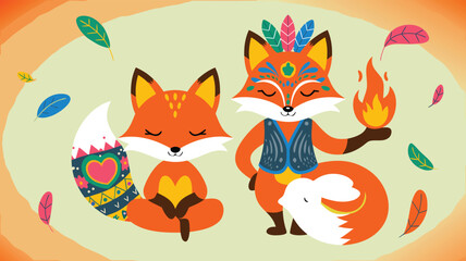 Whimsical Foxes Illustration Meditating, Holding Fire, Alongside Bird and Floating Leaves on Green Background