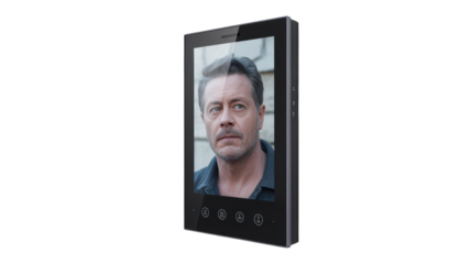 Video intercom system with a mans face on the screen isolated on transparent background