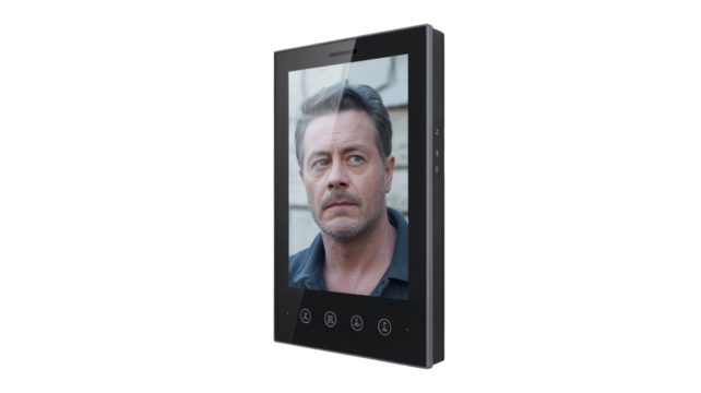 Video intercom system with a mans face on the screen isolated on transparent background - Powered by Adobe