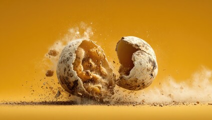 A cracked quail egg explodes in mid-air against a mustard yellow backdrop