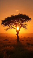  a large tree silhouetted against a golden sunset. The sun is positioned behind the tree, creating a dramatic and warm atmosphere.