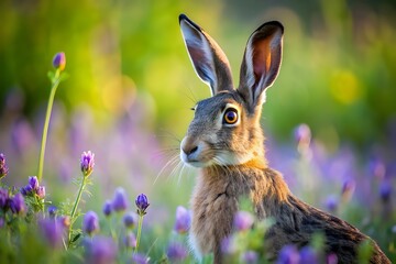 A wild hare sitting in a meadow filled with purple and yellow wildflowers during golden hour, with soft bokeh background and detailed facial features