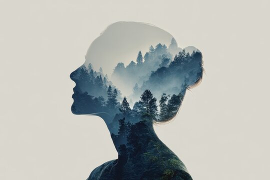 Serene double exposure of a woman meditating amidst tranquil forest landscapes at dawn, embodying peace and harmony with nature in a captivating artistic representation