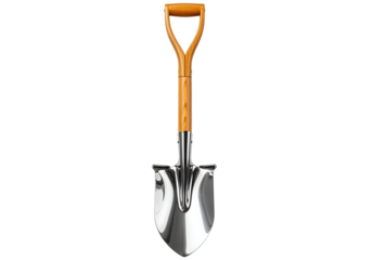 High-angle, full shot of a metal shovel with a wooden handle.