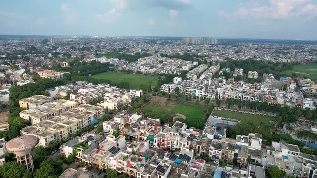 Aerial view of small houses in a concentrated area in india in the city of lucknow