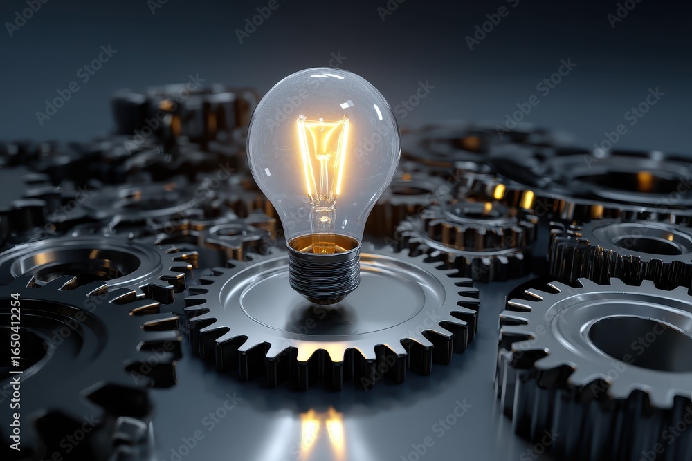 Poster lightbulb illuminated by ideas surrounded by interconnected gears symbolizing innovation and creativ