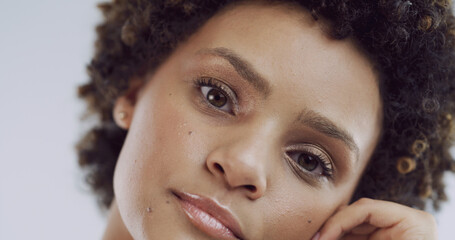 Skincare, beauty and portrait of woman in studio for facial, collagen and dermatology. Glow, self...