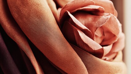 Soft, rust-toned silk scarf cradling a delicate rose