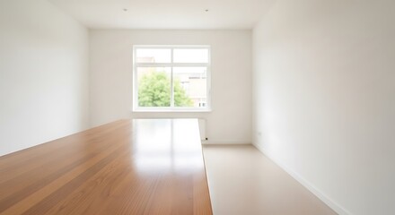 Bright minimalist interior showcasing wooden table, white walls, and natural light