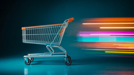 A photorealistic image of a metallic shopping cart in motion against a dark teal background.