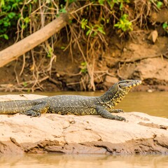 Naklejka premium A large lizard basks on a riverbank rock, its body and head visible, with vegetation in the background