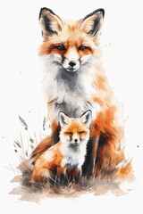 Obraz premium Fox Family Portrait: A tender watercolor depicts a mother fox and her cub, sharing an intimate moment amidst soft grasses and subtle hues, capturing the essence of familial bond.