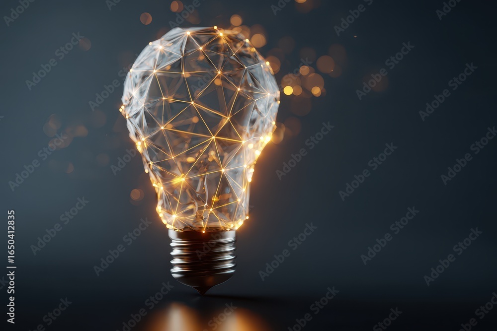 Poster futuristic concept of creativity with a glowing light bulb featuring geometric patterns and sparklin