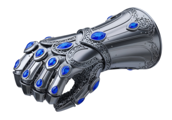 Ornate, metallic gauntlet adorned with detailed carvings and blue gems.