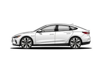 Naklejka premium Side view of a modern white sedan car isolated on white background, showcasing its sleek design and aerodynamic features