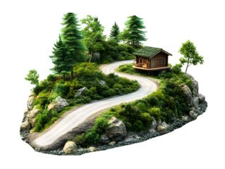 Serpentine path leading to a rustic cabin nestled amongst lush green trees and rocky terrain isolated on transparent background