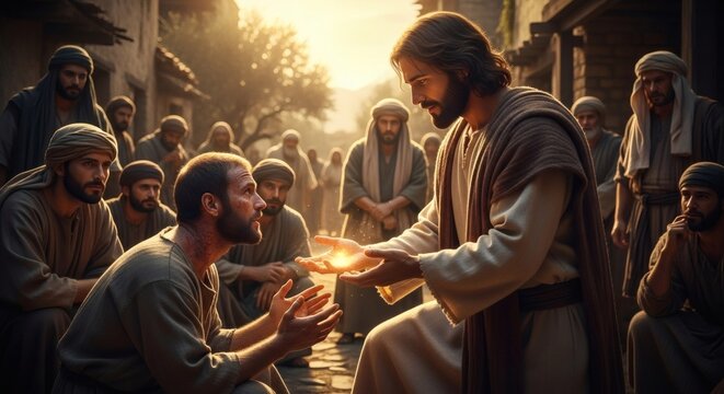 Divine encounter jesus bestowing a miraculous blessing on a seeker in an ancient setting