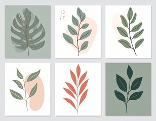 Vector illustration of tropical leaves and branches with a flat style, minimal colors, and a transparent background.
