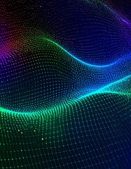 Obraz premium Abstract flowing wave of vibrant, multicolored points on a dark background