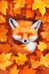 Cozy Fox in Autumn's Embrace: A charming, hand-painted fox nestles contentedly amidst a vibrant bed of autumn leaves, evoking a sense of warmth, peace, and the beauty of nature.