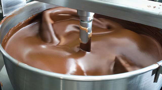 Industrial chocolate mixing in a stainless conche with a central agitator; macro view of glossy cocoa mass folding into smooth waves, highlighting viscosity, controlled shear and precise confectionery