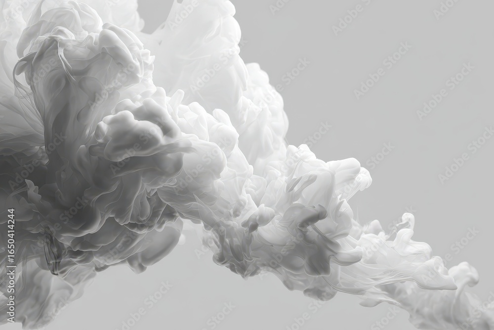 Poster soft white fog and ink swirling together in an abstract formation, creating captivating patterns aga