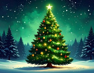 A luminous Christmas tree stands in a snowy forest under a starry night sky