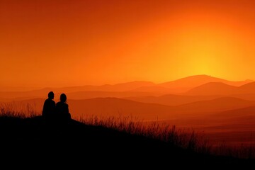 Fototapeta premium Silhouette of a couple sitting on a hill at sunset, surrounded by rolling hills and a vibrant orange horizon