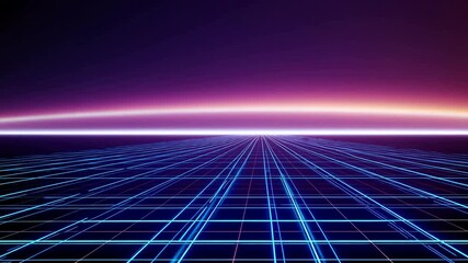 Futuristic neon grid horizon with glowing sunrise in retro synthwave style - Powered by Adobe