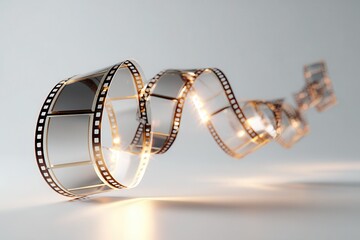 Glowing film reels floating gracefully in mid-air, showcasing artistic cinematic essence and creativity in digital art