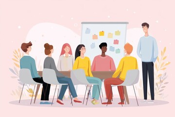 Business workshop concept with diverse participants collaborating around a table in a creative environment