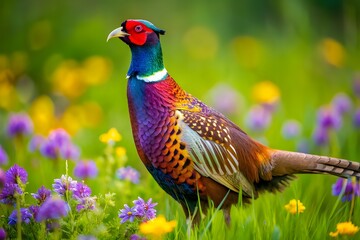 Fototapeta premium A vibrant male pheasant with colorful plumage stands in a sunlit meadow filled with purple and yellow wildflowers