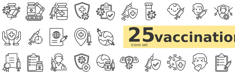Vaccination icon set in clean outline style for medical apps, healthcare dashboards, and immunization programs, containing 25 unique icons in single stroke thickness and monochrome color