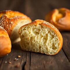 Fresh Marrequeta Bread Close-Up: Golden Crispy Crust & Airy Interior with Rising Steam - Cinematic Food Photography on Rustic Table (Ultra HD)
