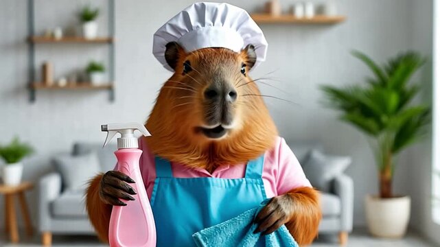 Capybara wearing chef hat and apron holding cleaning products and posing for the camera in a home interior