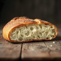 Fresh Marrequeta Bread Close-Up: Golden Crispy Crust & Airy Interior with Rising Steam - Cinematic Food Photography on Rustic Table (Ultra HD)