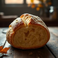 Fresh Marrequeta Bread Close-Up: Golden Crispy Crust & Airy Interior with Rising Steam - Cinematic Food Photography on Rustic Table (Ultra HD)