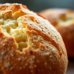 Fresh Marrequeta Bread Close-Up: Golden Crispy Crust & Airy Interior with Rising Steam - Cinematic Food Photography on Rustic Table (Ultra HD)