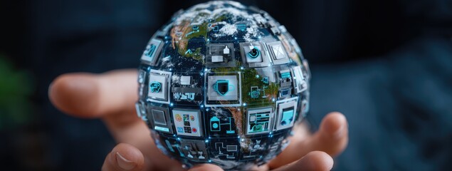 A hand holds a globe-shaped digital representation of interconnected technology icons
