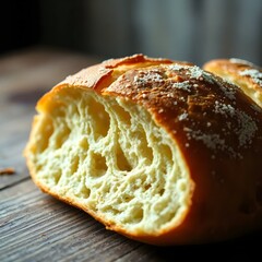 Fresh Marrequeta Bread Close-Up: Golden Crispy Crust & Airy Interior with Rising Steam - Cinematic Food Photography on Rustic Table (Ultra HD)