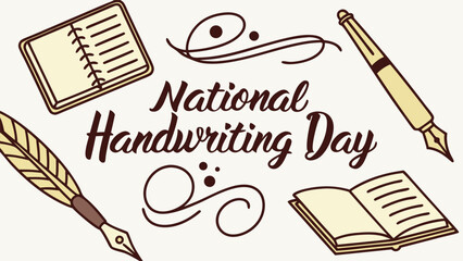 National Handwriting Day:  Elegant Calligraphy Style Illustration with Notebook, Pen, and Quill.