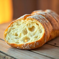 Fresh Marrequeta Bread Close-Up: Golden Crispy Crust & Airy Interior with Rising Steam - Cinematic Food Photography on Rustic Table (Ultra HD)