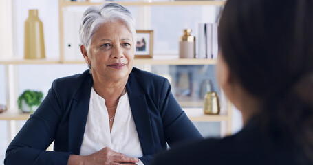 Job interview, discussion and business women in office for hiring process with HR meeting. Happy,...