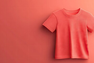 Coral-toned T-shirt hangs on a coral background