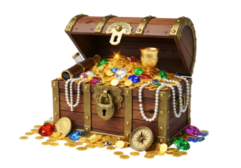 Wooden treasure chest overflowing with gold coins, gems, and jewels.