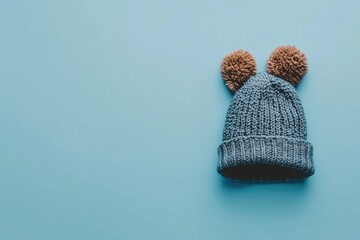 Grey knitted beanie with two tan pom-poms on a bright blue background