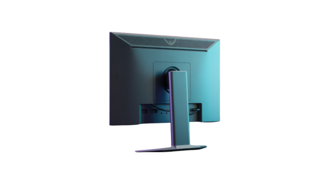 Computer monitor screen display viewed from the back with stand, isolated on transparent background