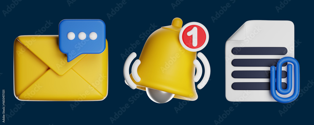 Poster email, notification bell and attached document icons showing online communication
