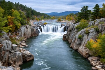 Great falls national park showing autumn colors and rushing waterfalls in virginia