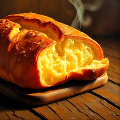 Fresh Marrequeta Bread Close-Up: Golden Crispy Crust & Airy Interior with Rising Steam - Cinematic Food Photography on Rustic Table (Ultra HD)